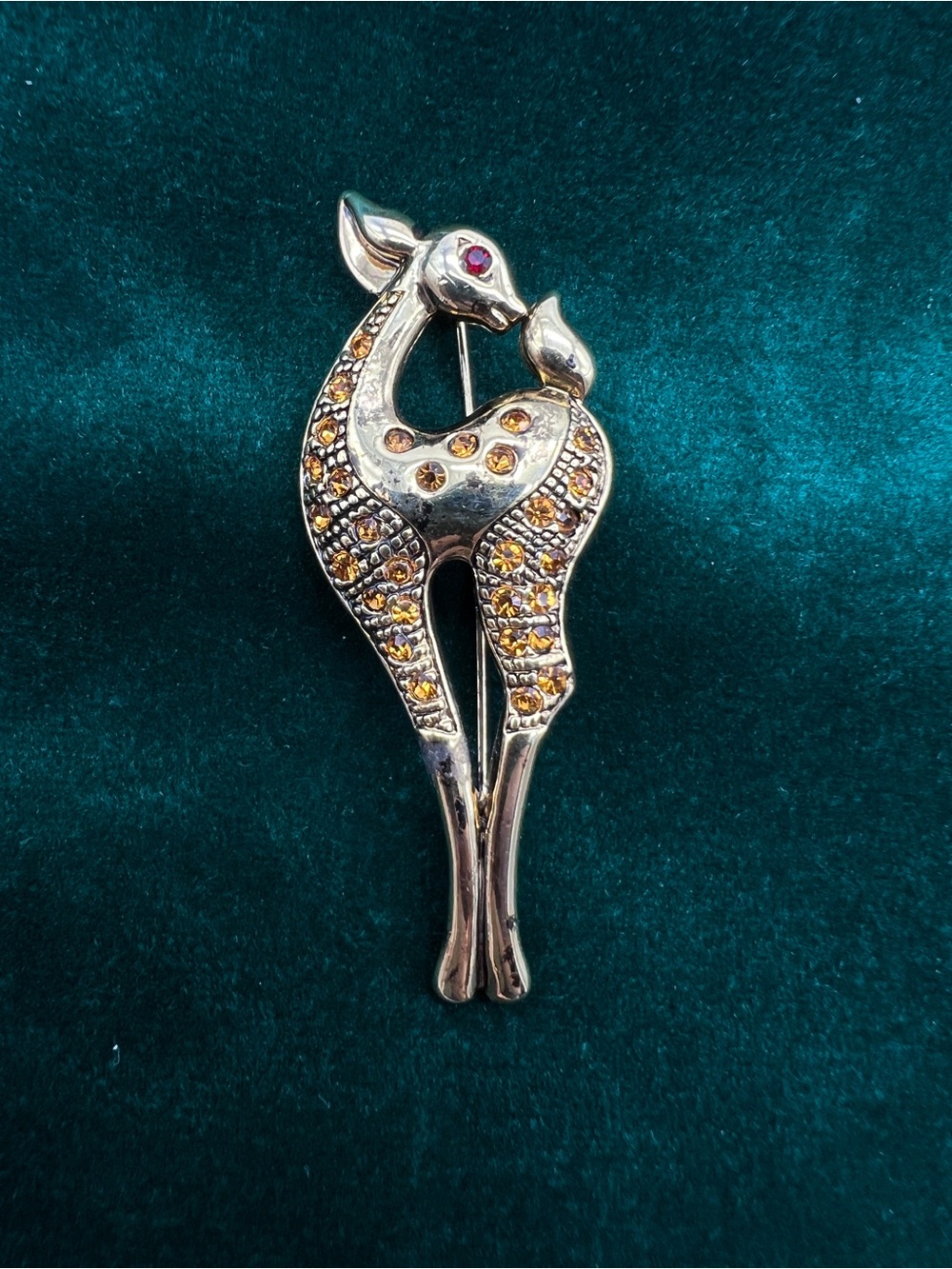 Gold-tone Deer Fawn Brooch with Amber Rhinestones